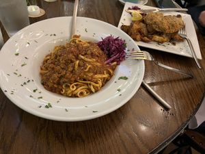 Vegan bolognese and vegan schnitzel  at Alps Village in Palm Desert