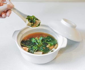 Ivy gourd leaf and watercress soup with bouncing tofu  at Tonklar Facai - Mahidol Salaya in Nakhon Pathom