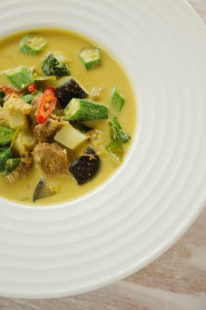 Thai Green Curry with seasoned mushroom stipe and jerusalem artichoke at Tonklar Facai - Mahidol Salaya in Nakhon Pathom