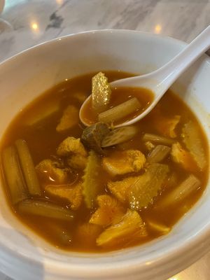 THAI SOUTHERN SOUP WITH YAMABUSHITAKE MUSHROOM 185 THB - super spicyyyyy
 at Tonklar Facai - Mahidol Salaya in Nakhon Pathom