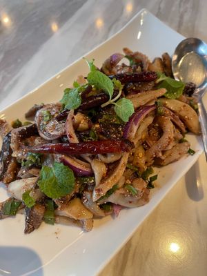 Northeastern Thai Spicy Mixed Mushrooms Salad 160 THB at Tonklar Facai - Mahidol Salaya in Nakhon Pathom
