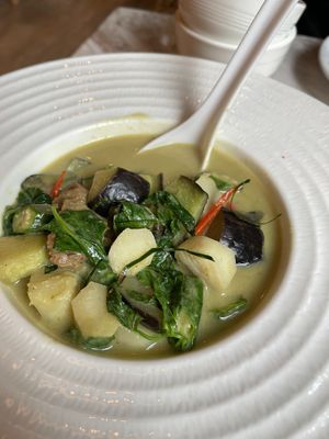 Thai Green Curry with Seasoned Mushroom Stipe and Jerusalem Artichoke 110 THB
 at Tonklar Facai - Mahidol Salaya in Nakhon Pathom