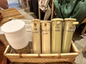Spice selection that you can add to your ramen  at Uno Yukiko - Gion Soy Milk Ramen - ぎをん豆乳らーめん うのゆきこ in Kyoto