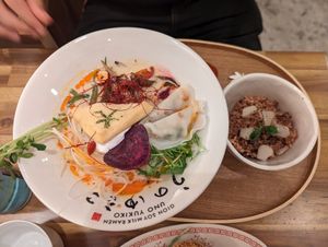 Dan dan ramen with cheesy rice (yum) at Uno Yukiko - Gion Soy Milk Ramen - ぎをん豆乳らーめん うのゆきこ in Kyoto