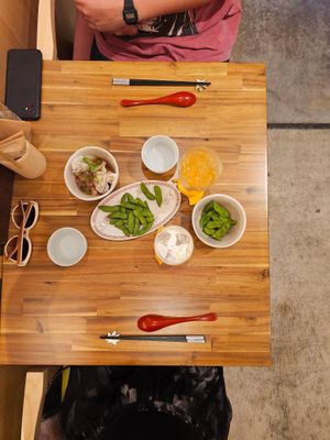 Boiled gyoza and edemame, with a highball cocktail and the special seasonal Sakura cocktail  at Uno Yukiko - Gion Soy Milk Ramen - ぎをん豆乳らーめん うのゆきこ in Kyoto