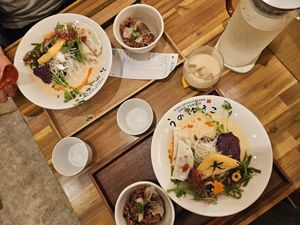 Ramen with spicy oil, rice and soy amaretto drink at Uno Yukiko - Gion Soy Milk Ramen - ぎをん豆乳らーめん うのゆきこ in Kyoto