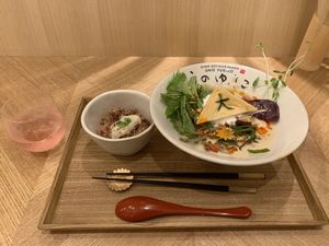 Gekka ramen, brown rice, and rose plum wine on the rocks   at Uno Yukiko - Gion Soy Milk Ramen - ぎをん豆乳らーめん うのゆきこ in Kyoto