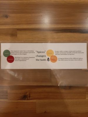 Spices that you can add are at the table and come with these helpful descriptions at Uno Yukiko - Gion Soy Milk Ramen - ぎをん豆乳らーめん うのゆきこ in Kyoto