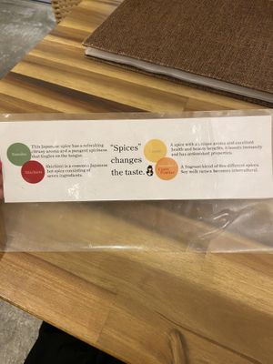 Descriptions of the spices!  at Uno Yukiko - Gion Soy Milk Ramen - ぎをん豆乳らーめん うのゆきこ in Kyoto