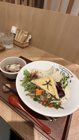 Soy milk ramen “Hana” with soy milk cheese on brown eye  at Uno Yukiko - Gion Soy Milk Ramen - ぎをん豆乳らーめん うのゆきこ in Kyoto
