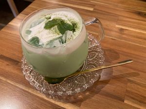 Matcha soy milk drink. I love that color! at Uno Yukiko - Gion Soy Milk Ramen - ぎをん豆乳らーめん うのゆきこ in Kyoto
