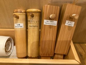 They have these four spices at the table.  at Uno Yukiko - Gion Soy Milk Ramen - ぎをん豆乳らーめん うのゆきこ in Kyoto