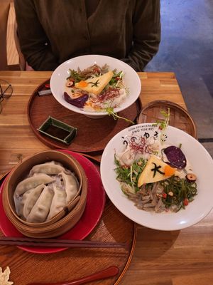 DanDan Noodle “Tsuki Hana,” along with steamed gyozas. at Uno Yukiko - Gion Soy Milk Ramen - ぎをん豆乳らーめん うのゆきこ in Kyoto