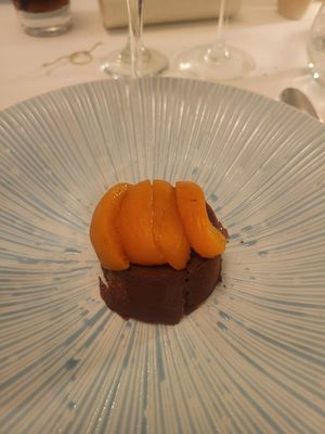 Poached Apricot on Tofu Chocolate Mousse at Dean Banks at the Pompadour in Edinburgh