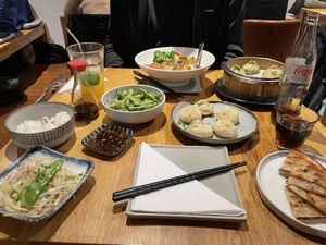 Fried veggies, steamed rice, edamame, curry rice bowl, fried dim sum with vegetable filling, steamed dim sum with vegetable filling and Chinese pancakes with spring onion  at Genki Bar & Restaurant in Essen