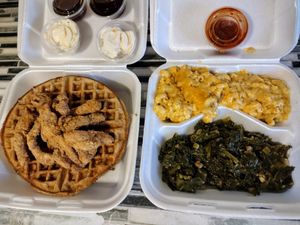 chicken and waffles combo at Sofull Vegan in Hemet