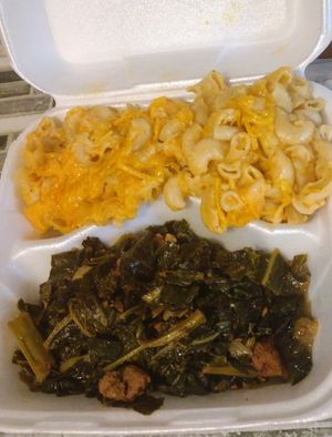 Mac n cheese with southren greens  at Sofull Vegan in Hemet