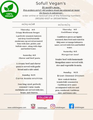 Our new Bi-weekly menu at Sofull Vegan in Hemet