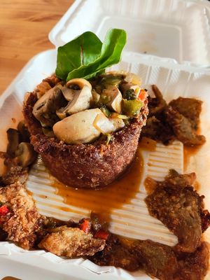 Crispy mofongo ordered to go but I stayed at Next Stop Vegan in Brooklyn