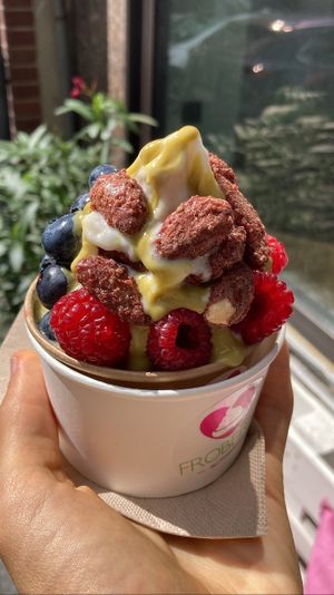 Small vegan froyo with pistachio sauce, fruit and caramelized almonds. Indulgent   at Froberry in Essen