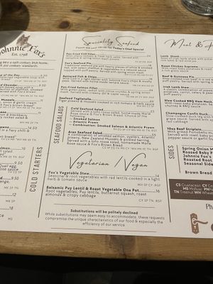 Menu  at Johnnie Fox's in Dublin