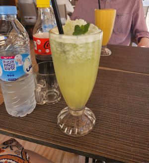Mint lemonade and fruit smoothie in the back at Garden Coffee in Fes