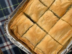 our super-green savoury phyllo loaded with spinach, silverbeet, kale, seasonal herbs and our housemade feta at Plant the Seed in Daylesford
