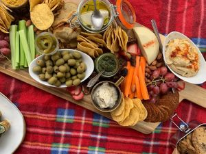 Grazing Board filled with our house-made Vegan Plantry goodies - feta, pepperoni, mozzarella, ricotta, pesto & 12hr slow cooked chickpea hummus at Plant the Seed in Daylesford