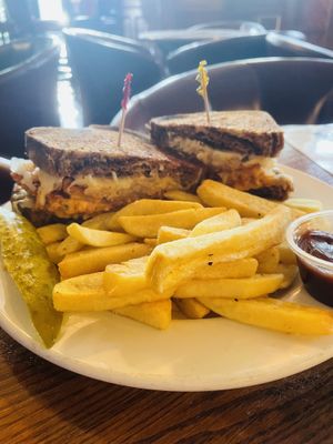 Vegan Reuben and fries and pickle  at Molly Malone's Irish Pub & Restaurant in Louisville