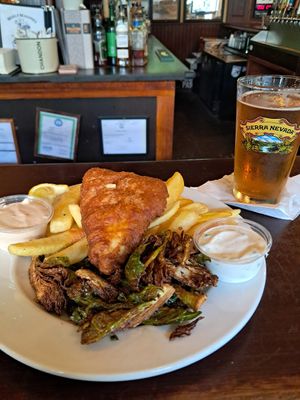 Fish and Chips come with Fried Brussel Sprouts and Sauces at Molly Malone's Irish Pub & Restaurant in Louisville