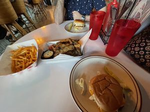 Two vegan burgers, fried mushroom planks, & a basket of fries  at Toasty's Tavern in Louisville
