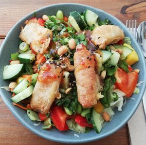 Rollin' Bowl - Glasnudelsalat mit Mini Frühlingsrollen, Mango, Minze, Erdnüsse, Sesam, und Ingwer Limettendressing at Viel-Leicht in Bremen