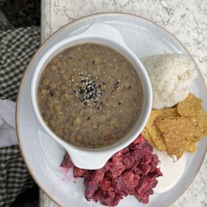 Lentils, rice, beetroot salad, tortilla chips with an almond sauce  at La Diagonal in Bogota