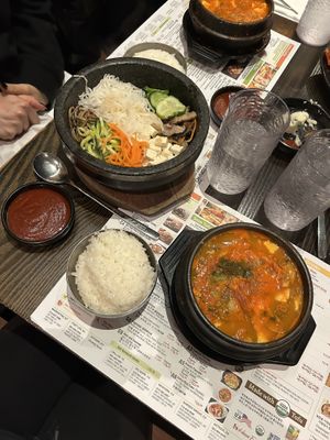 Yachae bibimbap and yachae sundubu jjigae at BCD Tofu House in New York City