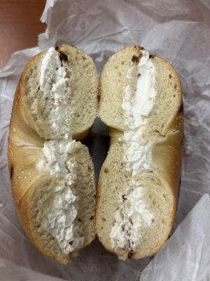 Toasted plain bagel with vegan cream cheese   at Long Island Bagel Cafe in Glen Cove