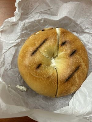 Toasted plain bagel with vegan cream cheese   at Long Island Bagel Cafe in Glen Cove