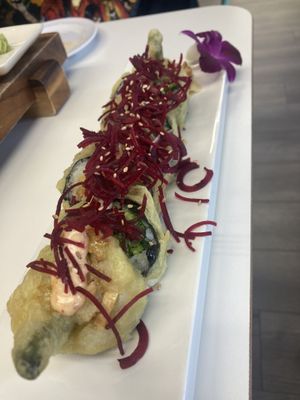 Tiger roll, my favorite of the three we got! Served tempura style and warm!   at Keyaki Sushi in Midvale