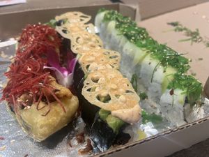 From Left to Right, Tiger Roll, Imperial Roll, Exotic Roll. Tiger roll is a favorite! 🙌  at Keyaki Sushi in Midvale