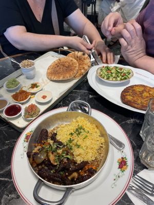 Vegan stir fry and vegan breakfast tray  at Landwer Cafe in West Los Angeles