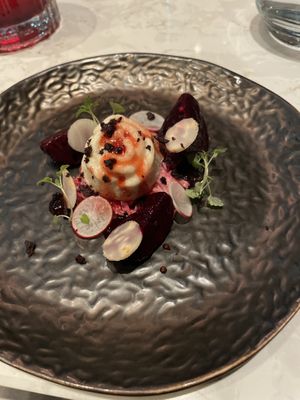 Third course of the vegan menu: Celeriac Rose, Baby Beets, Garden Radish, Kalamata Olive Soil & Red Apple Caramel  at Six by Nico in Glasgow