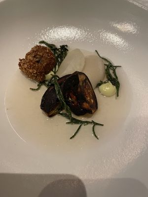 Fourth course of the vegan menu: Roast Aubergine, Miso & Yuzu Glaze, Leek Emulsion, White Turnip Puree, Pickled Tokyo Turnip & Turnip Broth  at Six by Nico in Glasgow