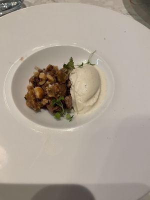 Sixth course of the vegan menu: Charred Hispi Cabbage, Soy Glaze, Cauliflower, Choucroute, Apple Gel & Mustard Dressing  at Six by Nico in Glasgow