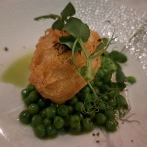 CAULIFLOWER BEIGNET

Dill Emulsion / Spring Pea Pesto / Pea Ketchup at Six by Nico in Glasgow