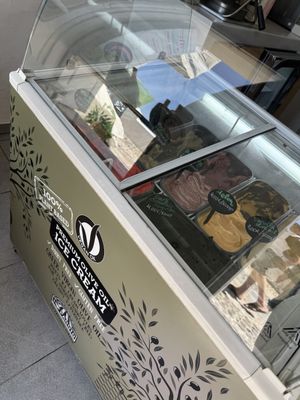Full freezer full over vegan options including pistachio, vanilla, choc hazelnut, chocolate & various sorbets  at Assyrtico in Santorini