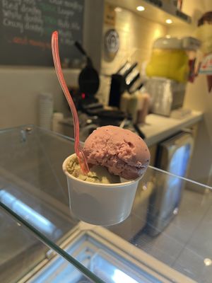 Pistachio and blueberry olive oil ice cream   at Assyrtico in Santorini
