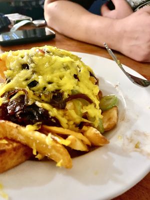 Loaded chucky chips with balsamic onions, poppers  and vegan cheese  at The Moorings in Loughborough