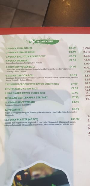 Vegan section on the menu at JET Sushi in Chelmsford