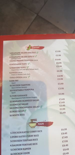 Vegan options in starter section at JET Sushi in Chelmsford