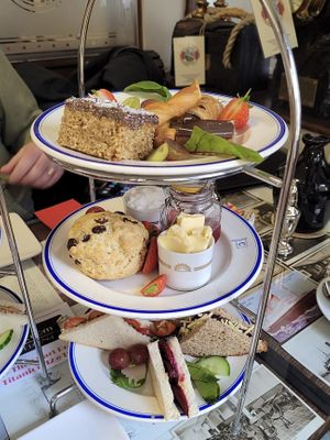Vegan Afternoon Tea. Sandwiches: Pickled Beetroot & Hummus, Cream Cheese & Cucumber, Cherry Tomatoes, Fresh Basil & Olive Oil, Cheddar Cheese & Caramelised Onion Chutney.  at The Chart Room in Brixham