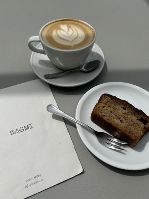 Banana bread and cappuccino with oat milk  at Wagmi Coffee in Limassol